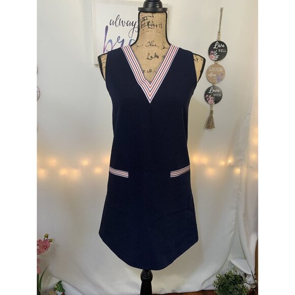 (C-79)Mme & Co Women’s Navy Sleeveless Tunic Dress Size S V-Neck Pockets Casual - Picture 2 of 10